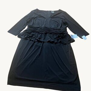 Eliza J Size 20W NEW Black 3/4 Sleeve V-Neck Ruched Peplum Knee-Length Dress